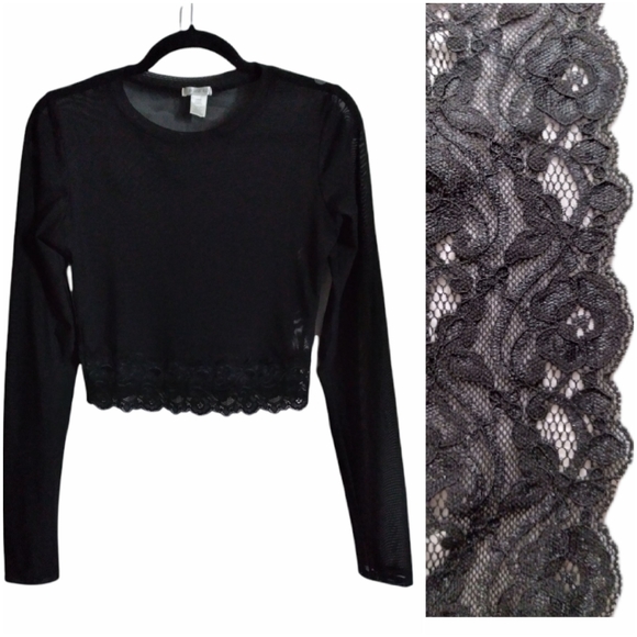 Bozzolo black long sleeve mesh crop top with lace hemline